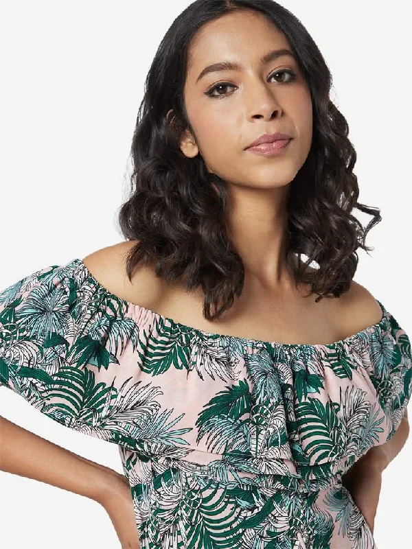 Nuon Pink Tropical Print Maxi Dress Trendy Ruffled Maxi Dress