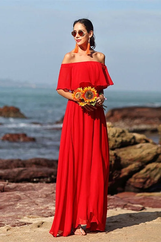 Off the Shoulder Red Chiffon Maxi Dress Comfortable Fit-and-Flare Maxi Dress