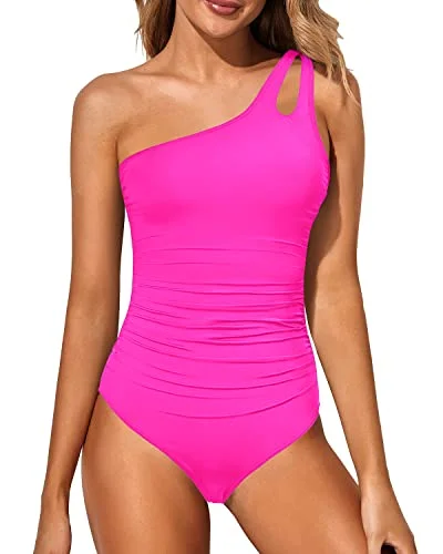 Ruched Keyhole One Shoulder One Piece Swimsuit For Women-Neon Pink Floral Swimwear Set Ruched Keyhole One Shoulder One Piece Swimsuit For Women-Neon Pink Floral Swimwear Set