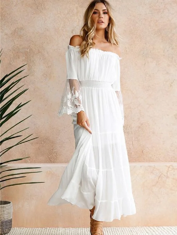 One Word Shoulder Neck Lace Stitching White Maxi Dress Elegant Wraparound Maxi Dress One Word Shoulder Neck Lace Stitching White Maxi Dress Elegant Wraparound Maxi Dress