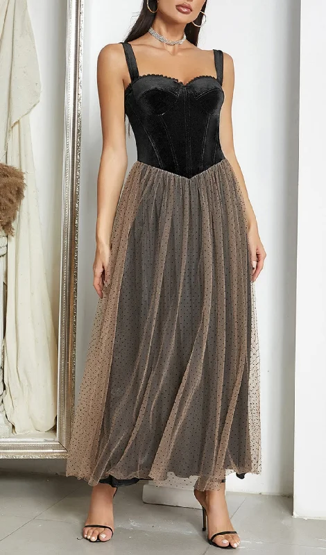 VELVET CORSET MESH MAXI DRESS Cozy Knitted Maxi Dress