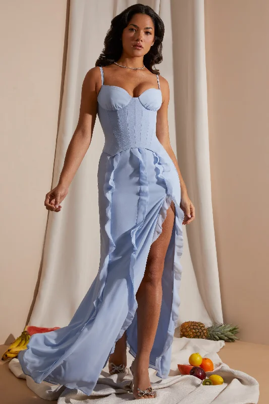 Corset Frill Skirt Maxi Dress in Blue Trendy Satin Maxi Dress