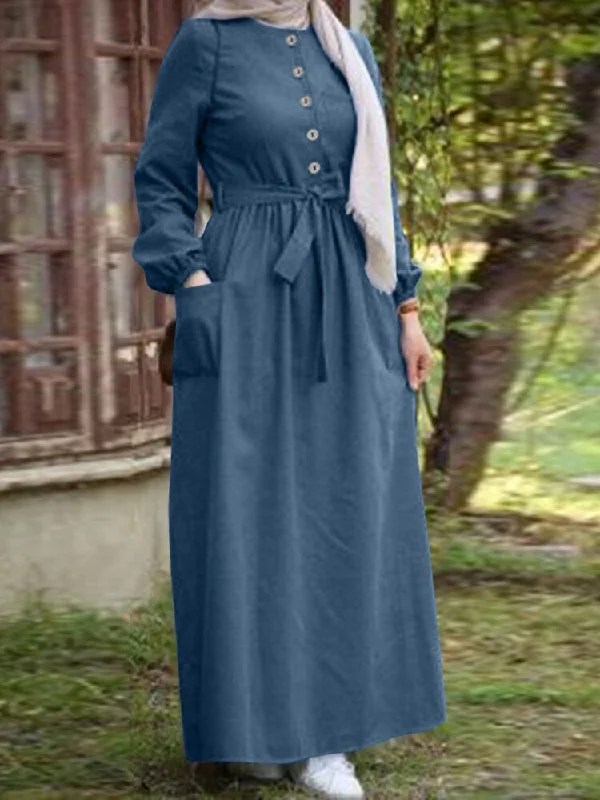 Plain Button Front Lace-up Elastic Cuff Vintage Long Sleeve Pocket Women Maxi Dress Chic Off-Shoulder Maxi Dress Plain Button Front Lace-up Elastic Cuff Vintage Long Sleeve Pocket Women Maxi Dress Chic Off-Shoulder Maxi Dress