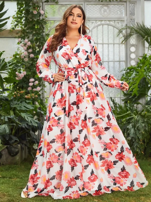 Plus Floral Elegance Long-Sleeve Maxi Dress Comfortable Bohemian Maxi Dress