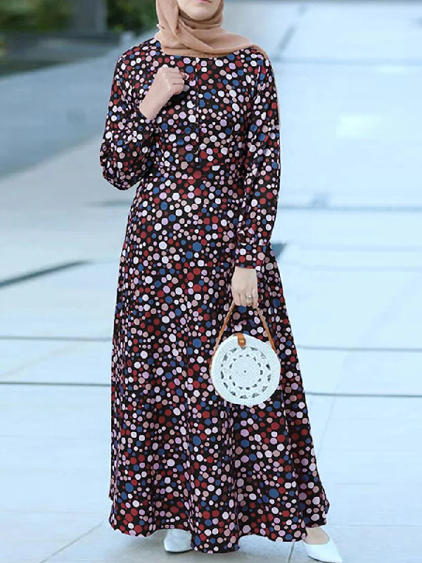 Polka Dot Print Round Neck Long Sleeve Bohemian Zipper Casual Women Maxi Dress Stylish Maxi Dress with Frills Polka Dot Print Round Neck Long Sleeve Bohemian Zipper Casual Women Maxi Dress Stylish Maxi Dress with Frills