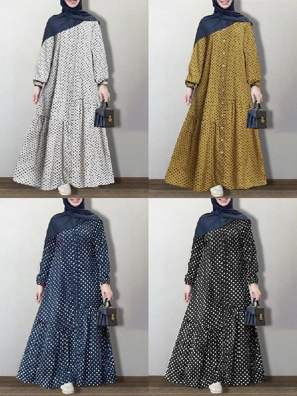Polka Dot Printed Button Down Front Elastic Cuff Bohemian Kaftan Tunic Women Maxi Dress Cozy Knit Maxi Dress