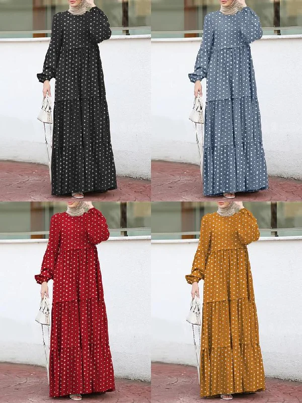 Polka Dot Puff Sleeve Tiered Swing Bohemian Kaftan Women Maxi Dress Elegant Maxi Dress with Slit Polka Dot Puff Sleeve Tiered Swing Bohemian Kaftan Women Maxi Dress Elegant Maxi Dress with Slit