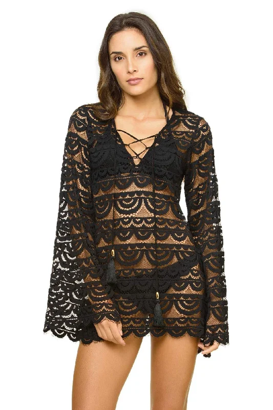 PQ Swim Women's Noah Tunic Cover-Up - Scalloped Hem, Lace Up Front Tie Tropical Print One-Piece PQ Swim Women's Noah Tunic Cover-Up - Scalloped Hem, Lace Up Front Tie Tropical Print One-Piece