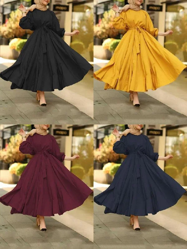 Pure Color Puff Sleeve Pleated Kaftan Loose Vintage Belt Women Maxi Dress Comfortable Ruffle Maxi Dress Pure Color Puff Sleeve Pleated Kaftan Loose Vintage Belt Women Maxi Dress Comfortable Ruffle Maxi Dress