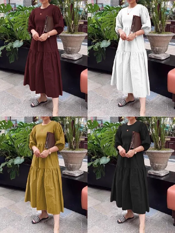 Pure Color Puff Sleeve Ruffles Hem Tiered 3/4 Sleeve Bohemian Women Maxi Dress Chic Sleeveless Maxi Dress Pure Color Puff Sleeve Ruffles Hem Tiered 3/4 Sleeve Bohemian Women Maxi Dress Chic Sleeveless Maxi Dress