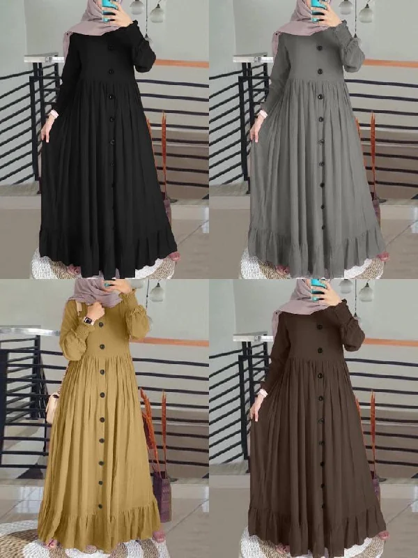 Pure Color Ruffles Hem Pleats Puff Sleeve Women Maxi Dress Cozy Ribbed Maxi Dress