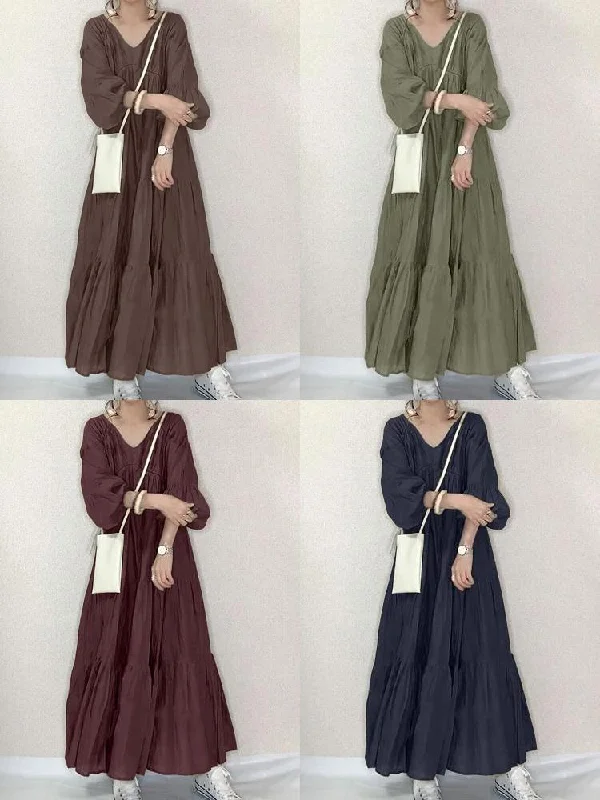 Pure Color Tiered V-neck Puff Sleeve Casual Women Maxi Dress Comfortable Casual Maxi Dress Pure Color Tiered V-neck Puff Sleeve Casual Women Maxi Dress Comfortable Casual Maxi Dress