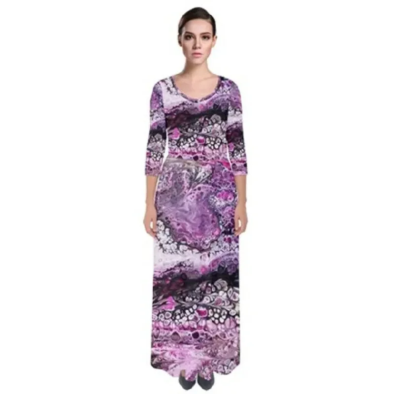PURPLE Exclusive OriginalDesigner 1/4 SLEEVE,MAXI DRESSize:Med10-12uk.ELAST WAIS Trendy Button Front Maxi Dress