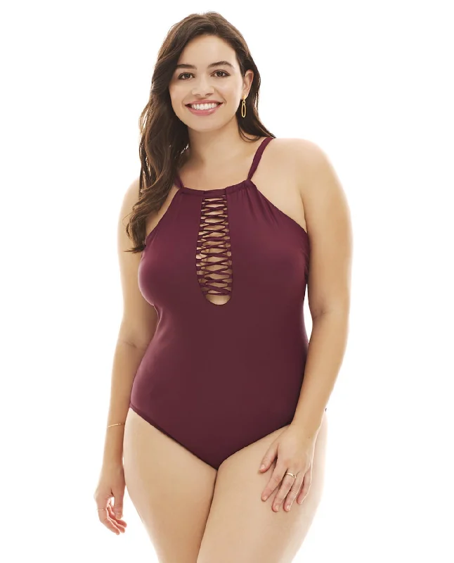 Raisins Curve Maroon Barbados Plus Size Lace High Neck One Piece Swimsuit Vintage Swimwear Look Raisins Curve Maroon Barbados Plus Size Lace High Neck One Piece Swimsuit Vintage Swimwear Look