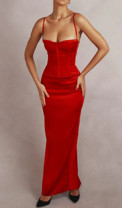 RED SATIN CORSET MAXI DRESS Stylish Long Sleeve Maxi Dress