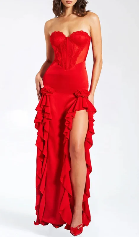 RED SATIN LACE CORSET MAXI DRESS Fashionable Maxi Dress with Fringe
