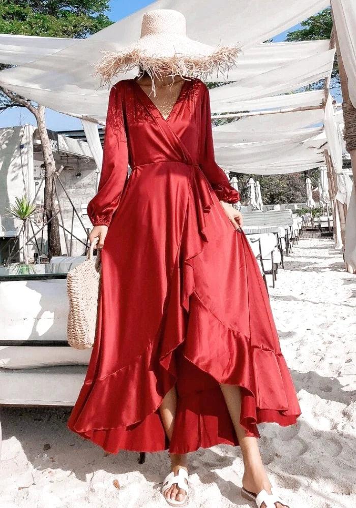Red Satin Maxi Dress Fashionable Sheer Maxi Dress