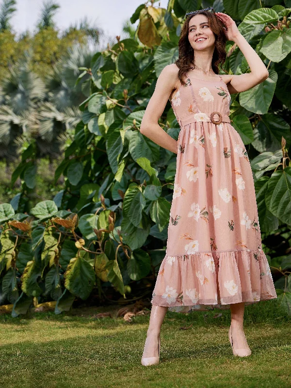 Women Nude Floral Belted Strappy Maxi Dress Classic A-Line Maxi Dress