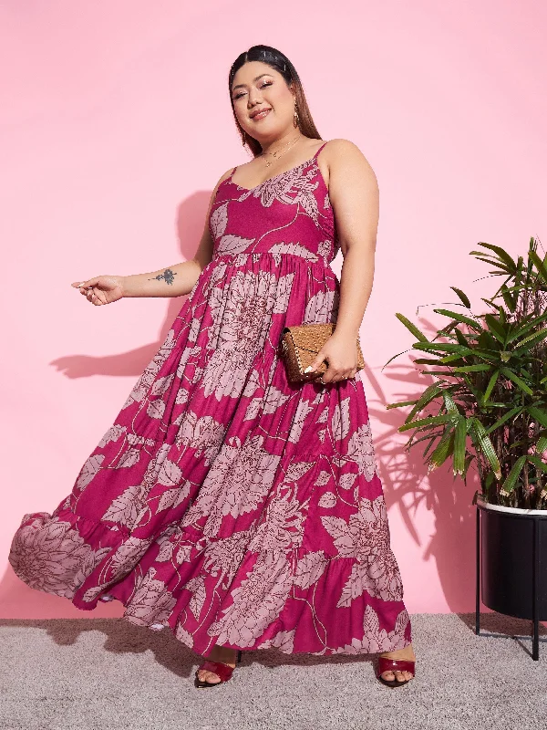 Women Magenta Floral Tiered Maxi Dress Trendy A-Line Maxi Dress