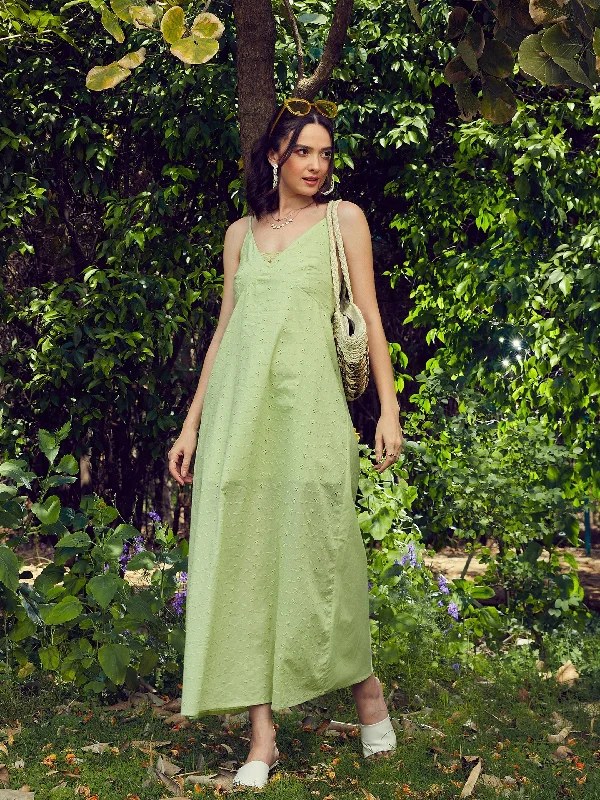 Women Lime Green Schiffli Strappy Maxi Dress Comfortable Satin Maxi Dress