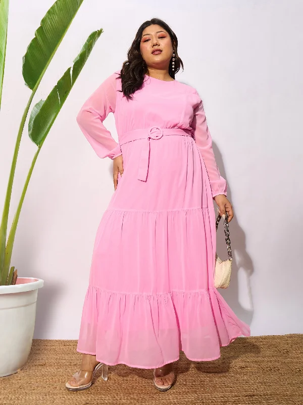 Women Pink Tiered Maxi Dress Elegant Floral Maxi Dress