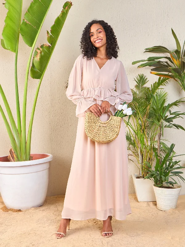 Women Taupe Peplum Maxi Dress Stylish One-Shoulder Maxi Dress