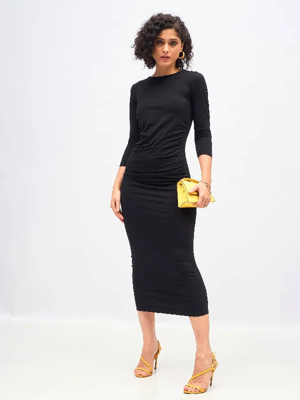 Women Black Waist Ruched Bodycon Maxi Dress Comfortable Fitted Maxi Dress