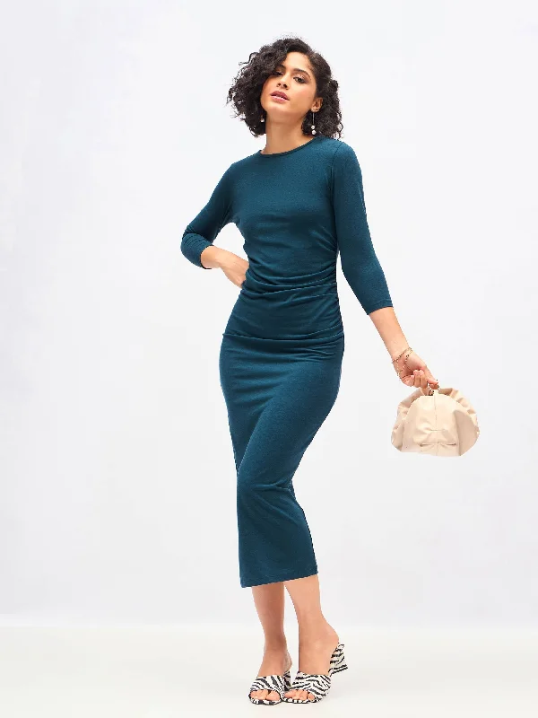 Women Teal Waist Ruched Bodycon Maxi Dress Stylish V-Neck Maxi Dress