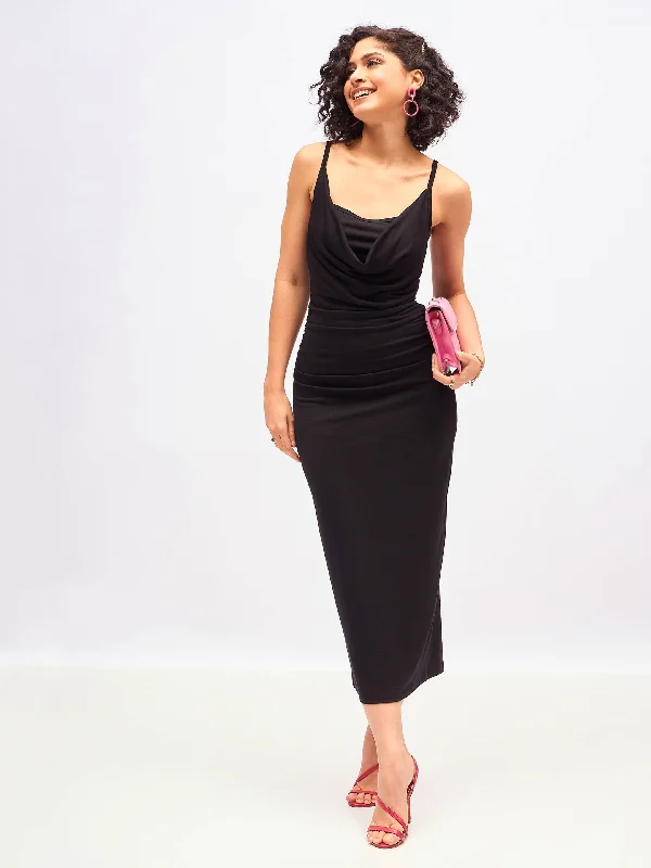 Women Black Cowl Neck Bodycon Maxi Dress Stylish Maxi Dress with Pleats