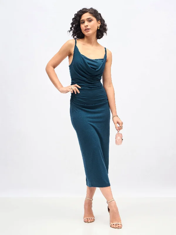 Women Teal Cowl Neck Bodycon Maxi Dress Elegant Tiered Maxi Dress