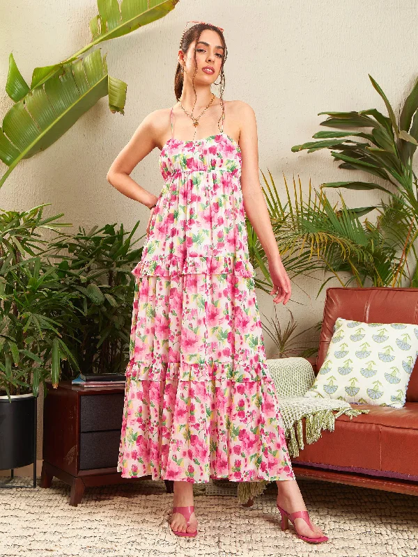 Women Pink Floral Strappy Ruffle Maxi Dress Cozy Open-Back Maxi Dress