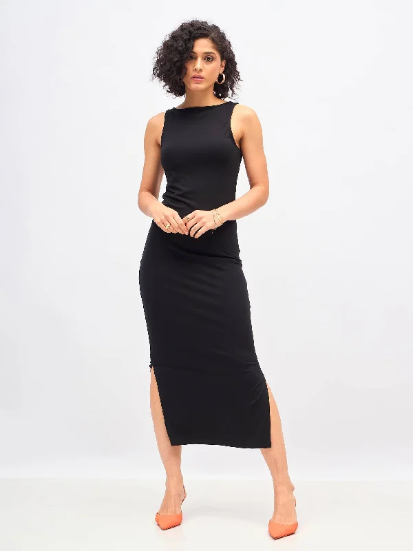 Women Black Boat Neck Bodycon Jersey Maxi Dress Comfortable Satin Maxi Dress