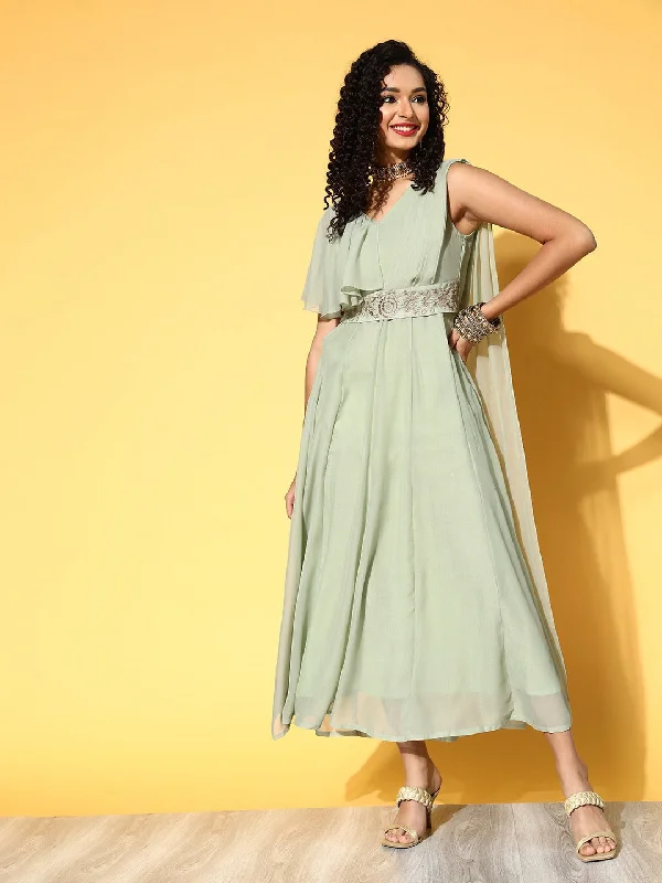 Women Green Drape Dupatta Anarkali Maxi Dress Elegant Wraparound Maxi Dress