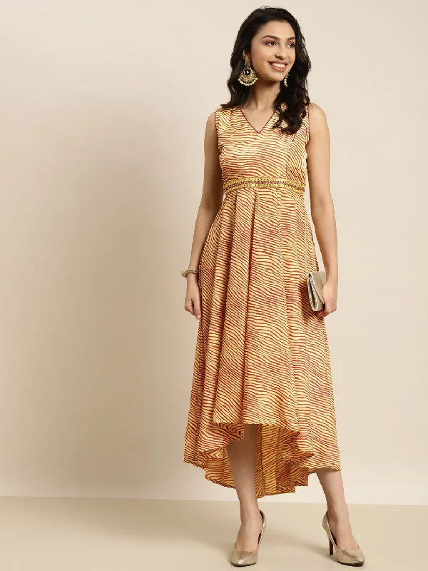 Women Mustard Lehariya High Low Anarkali Maxi Dress Elegant Boho Maxi Dress