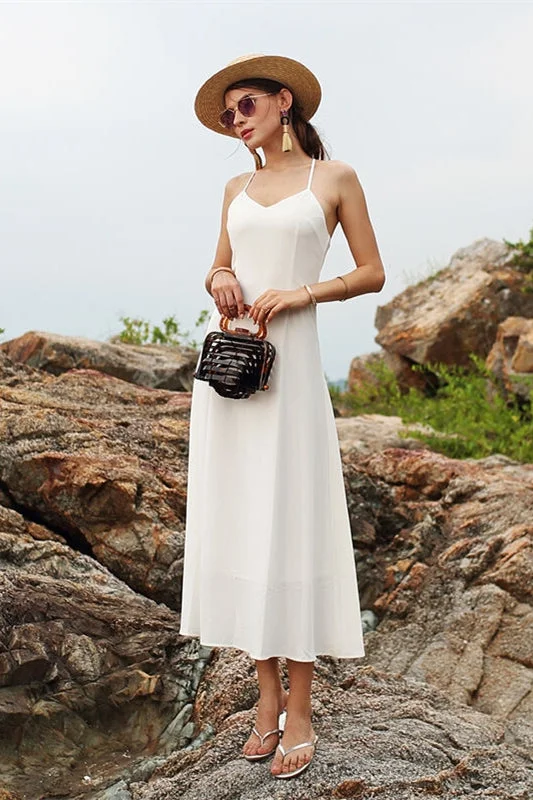 Simple White Long Maxi Dress Elegant Maxi Dress with Drapes