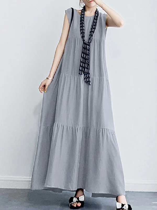Solid Color O-neck Sleeveless Ruffles Hem Pleated Women Maxi Dress Stylish A-Line Maxi Dress Solid Color O-neck Sleeveless Ruffles Hem Pleated Women Maxi Dress Stylish A-Line Maxi Dress