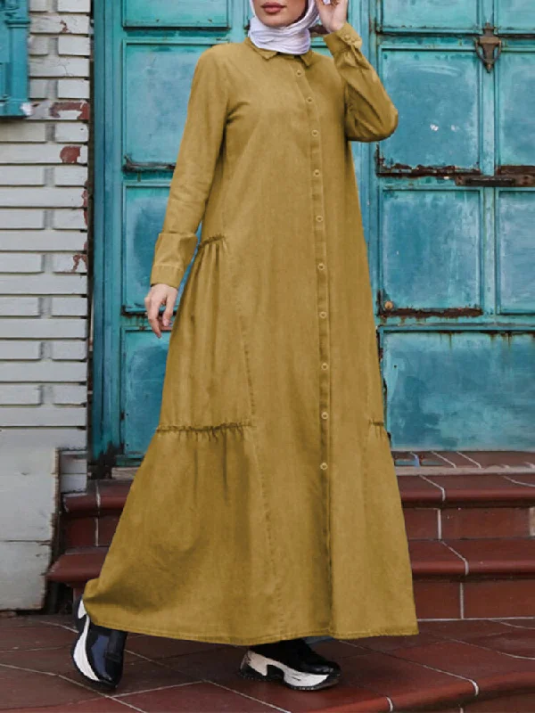 Solid Color Retro Button Up Lapel Long Sleeve Casual Muslim Abaya Kaftan Women Maxi Dress Cozy Ribbed Maxi Dress Solid Color Retro Button Up Lapel Long Sleeve Casual Muslim Abaya Kaftan Women Maxi Dress Cozy Ribbed Maxi Dress