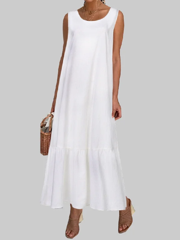 Solid Color Sleeveless O-neck Loose Casual Women Maxi Dress Stylish Pleated A-Line Maxi Dress Solid Color Sleeveless O-neck Loose Casual Women Maxi Dress Stylish Pleated A-Line Maxi Dress