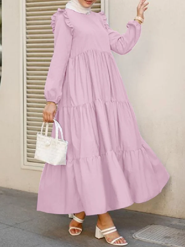 Solid Cotton Ruffles Hem Layered O-neck Tiered Casual Long Sleeve Women Maxi Dress Fashionable Button-Down Maxi Dress Solid Cotton Ruffles Hem Layered O-neck Tiered Casual Long Sleeve Women Maxi Dress Fashionable Button-Down Maxi Dress