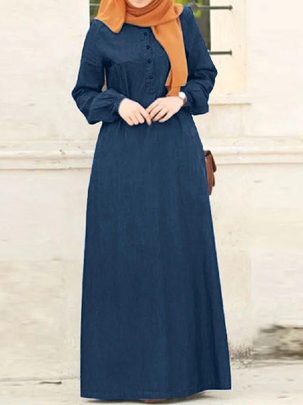 Solid Denim Button Down Elastic Cuffs Kaftan Loose Women Maxi Dress Cozy Spaghetti Strap Maxi Dress