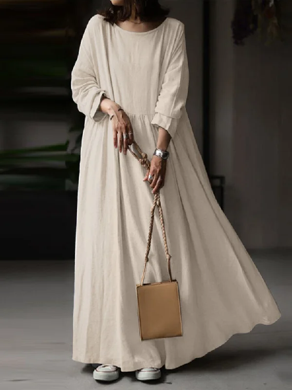 Solid Round Neck Cotton Long Sleeve Casual Pocket Women Maxi Dress Fashionable Halter Neck Maxi Dress Solid Round Neck Cotton Long Sleeve Casual Pocket Women Maxi Dress Fashionable Halter Neck Maxi Dress