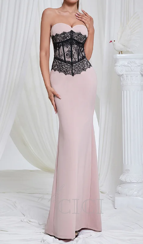 Strapless black Lace Corset Maxi Dress in pink Stylish Longline Maxi Dress