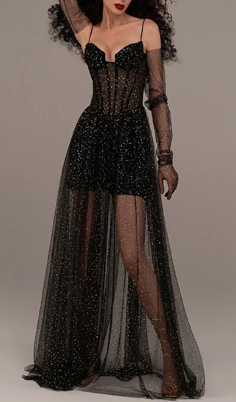 STRAPPY DRAPED RHINESTONE TULLE CORSET MAXI DRESS IN BLACK Stylish Empire Waist Maxi Dress