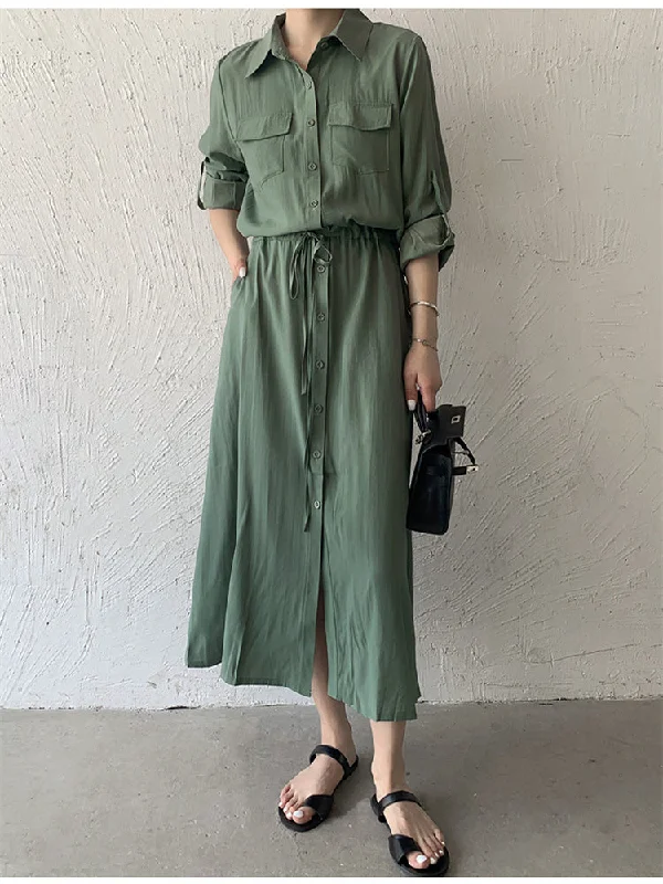 Summer Green Dress Shirt Dress Long Vintage Maxi Dress Trendy Printed Maxi Dress