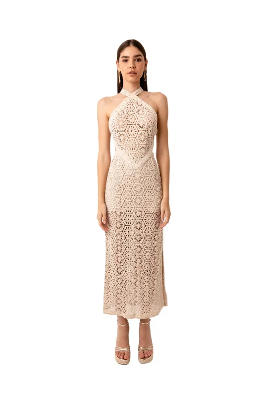 Tuscany Crochet Lace Cut Out Halter Maxi Dress Comfortable Cotton Maxi Dress