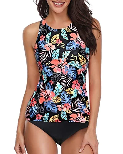 Deep Scoop Back Tankini 2 Piece Swimsuit-Black Red Flower Halter Top Bikini
