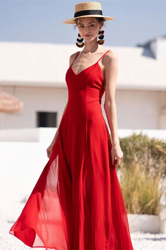 V Neck Red Chiffon Maxi Dress Elegant Maxi Dress with Belt
