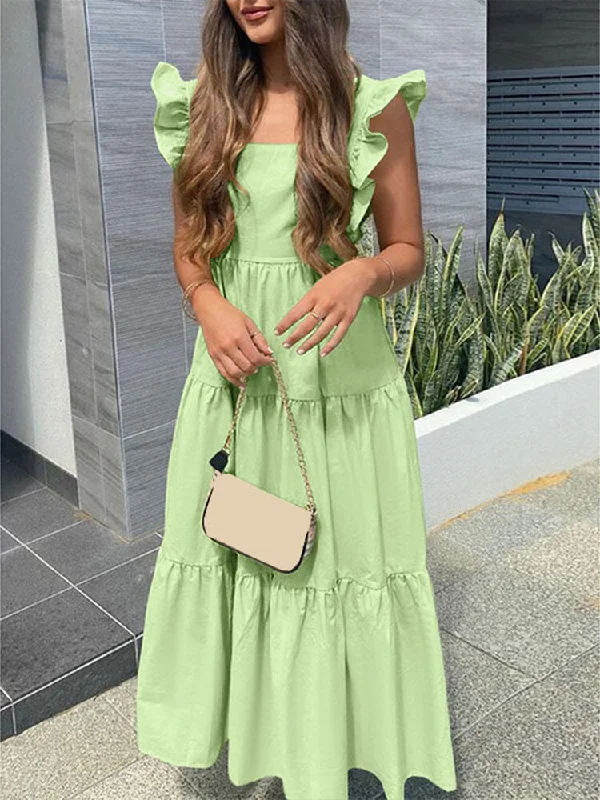 Vacation Pure Color Square Collar Sleeveless Ruffled Layered Stitching A-line Women Maxi Dress Stylish Boho Chic Maxi Dress Vacation Pure Color Square Collar Sleeveless Ruffled Layered Stitching A-line Women Maxi Dress Stylish Boho Chic Maxi Dress