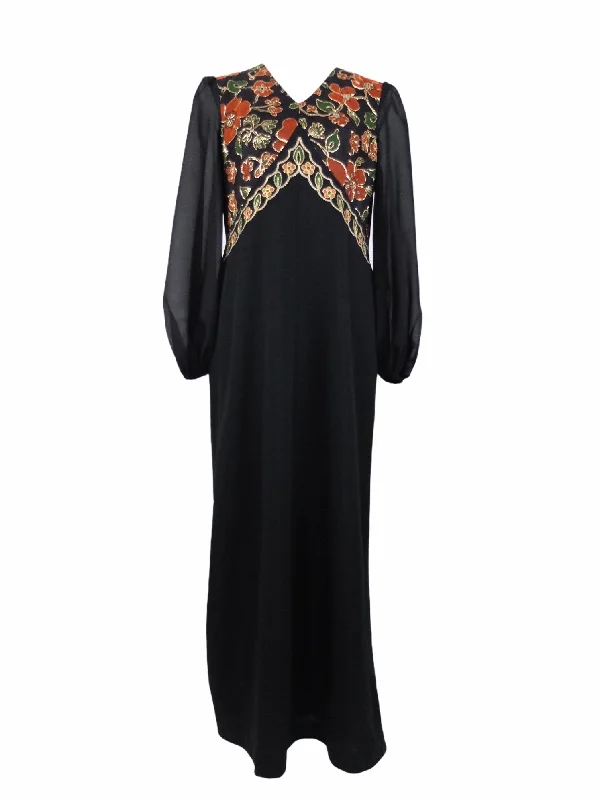 Vintage 70s Psychedelic Hippie Glam Rock Mod Bohemian Sheer Balloon Sleeve Black V-Neck Floor Length Empire Maxi Dress with Metallic Embroidery | Size Medium Comfortable T-Shirt Maxi Dress Vintage 70s Psychedelic Hippie Glam Rock Mod Bohemian Sheer Balloon Sleeve Black V-Neck Floor Length Empire Maxi Dress with Metallic Embroidery | Size Medium Comfortable T-Shirt Maxi Dress