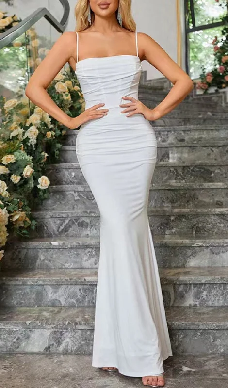 WHITE DRAPED CORSET MAXI DRESS Cozy Open-Back Maxi Dress